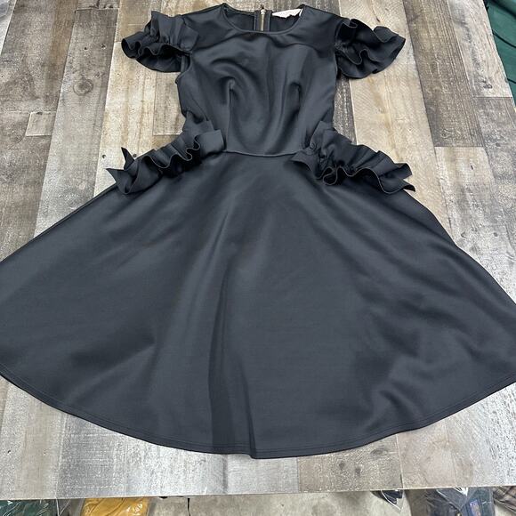 Ted Baker Black Cold Shoulder LBD w/ Ruffle Pockets and Sleeves, Size 0 - Picture 15 of 16